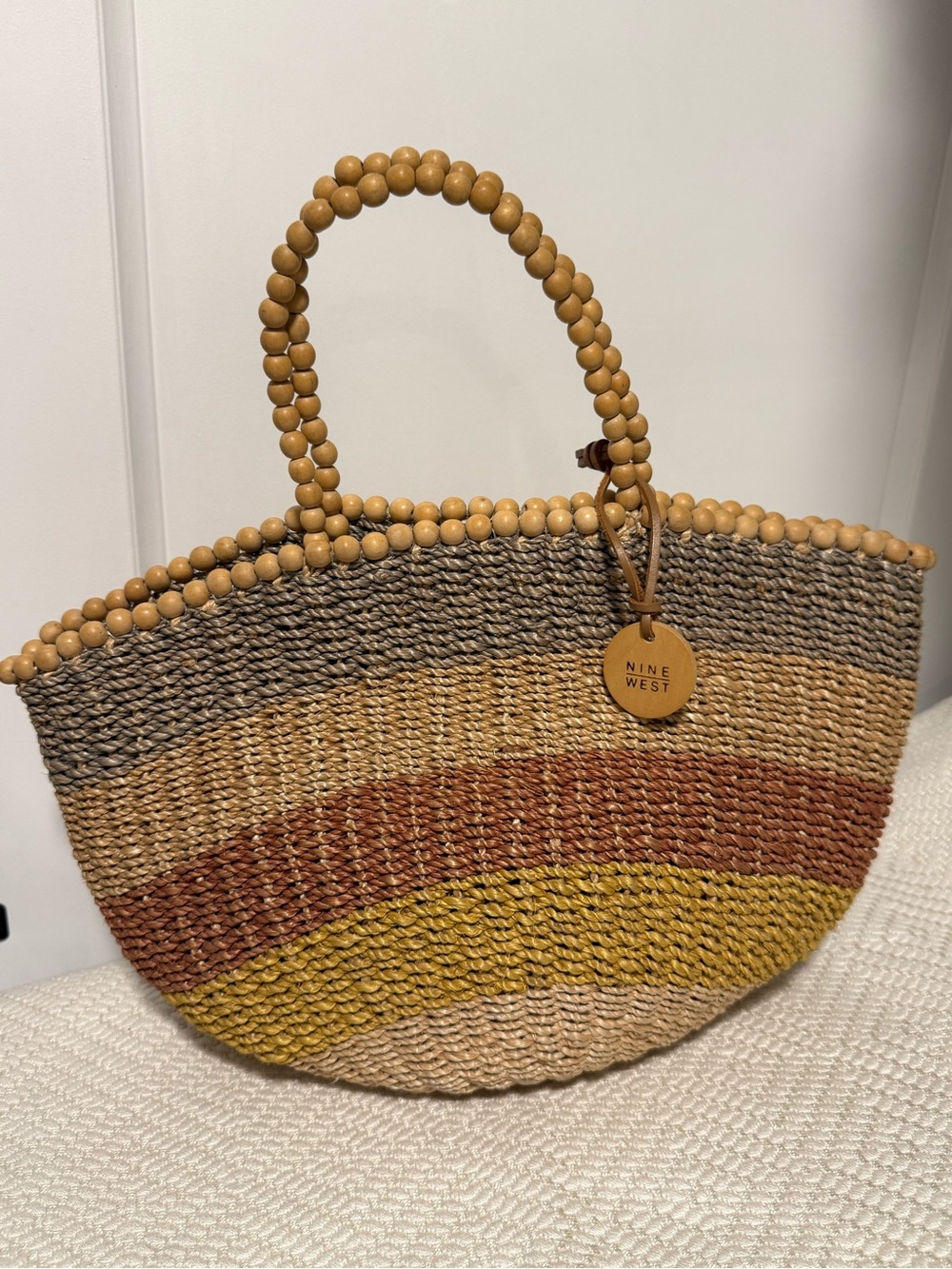 Nine West Multicolor Straw Tote with Beaded Handles